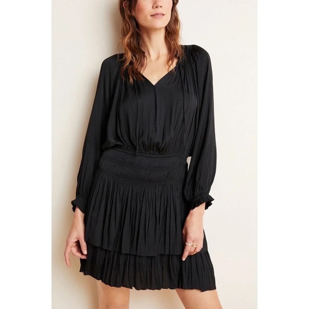 Reset Black Pleated Smocked Waist Tiered Ruffle Mini Dress | Size Small